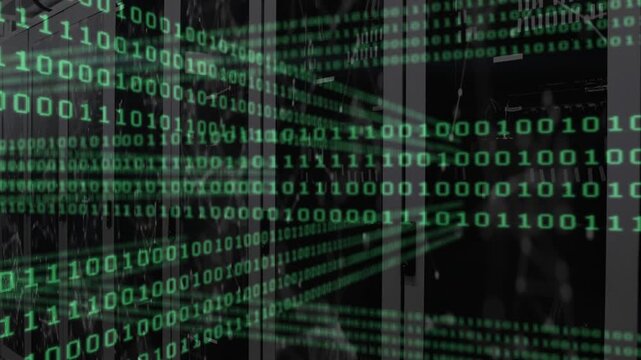 Binary digits streaming from left edge layering server racks rising density to visualize data flow