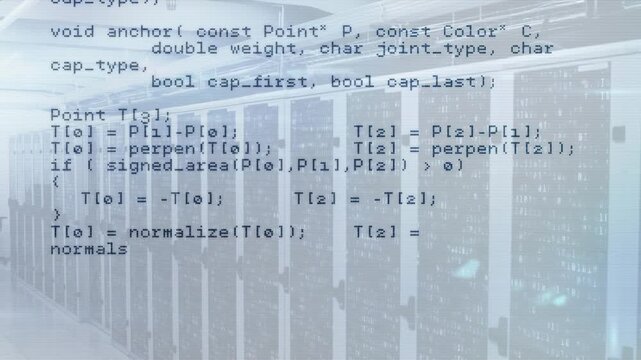 Overlay opening transparent C++ code scrolling over server racks, showing API calls, geometry logic