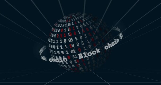 Upon grid convergence binary sphere rotating with scrolling Block chain band visualizing blockchain