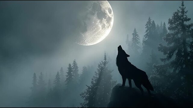 Mystical Night: Silhouette of a Howling Wolf Under the Moonlight Forest Ambience