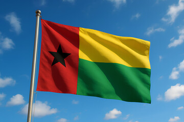 The Guinea-Bissau flag waves proudly under a bright blue sky.