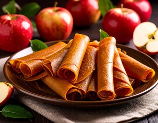 Rolled apple leather on a plate