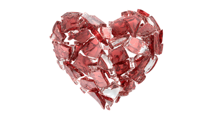 Heart made of shattered glass pieces reassembled, healing concept, isolated on a white background