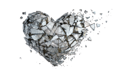 Heart made of shattered glass pieces reassembled, healing concept, isolated on a white background