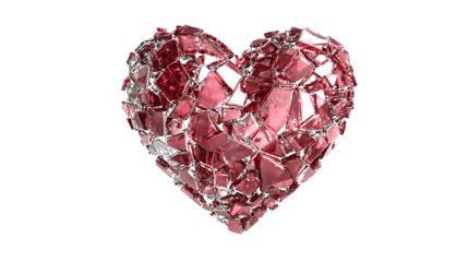 Heart made of shattered glass pieces reassembled, healing concept, isolated on a white background
