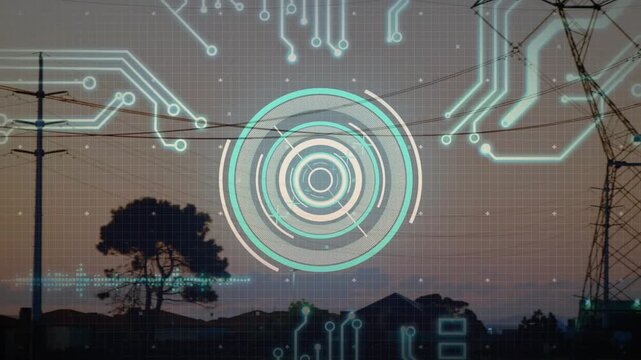 Digital HUD graphic appearing, initiating circuit overlay and grid expansion, visualizing network