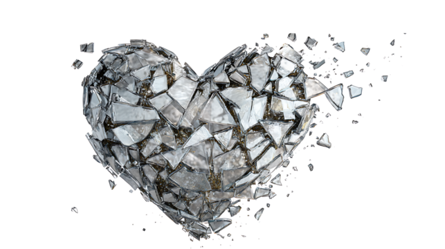 Heart made of shattered glass pieces reassembled, healing concept, isolated on a white background