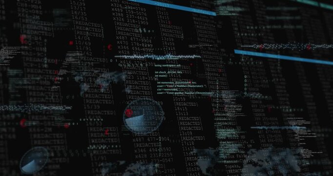 Binary digits multiplying, bar sliding, redactions appearing, radar rotating for threat scanning