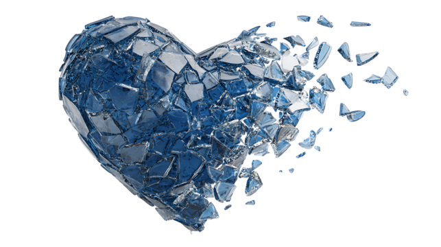 Heart made of shattered glass pieces reassembled, healing concept, isolated on a white background
