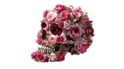 Skull filled with blooming roses, life and death duality concept, isolated on a white background