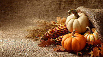 Autumn harvest thanksgiving pumpkins cornucopia burlap still life photo