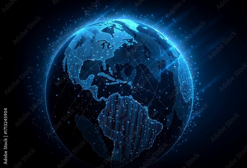 Wall mural earth with glowing blue circuit lines connecting various points across its surface, symbolizing glob