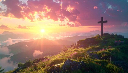 A wooden cross atop a lush, grassy hilltop, bathed in the warm glow of a sunset over distant mountain ranges