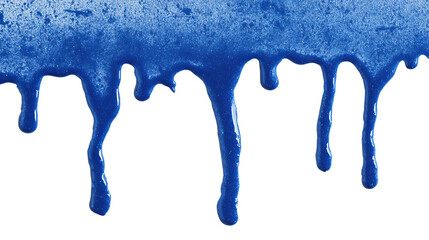 Blue paint drip splatter flowing from top, isolated on a white background