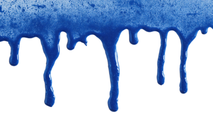 Blue paint drip splatter flowing from top, isolated on a white background