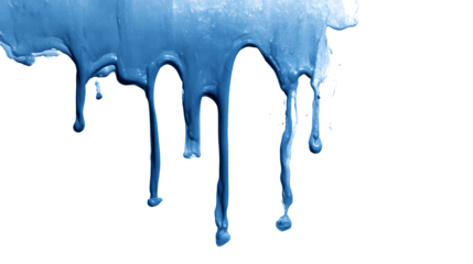 Blue paint drip splatter flowing from top, isolated on a white background