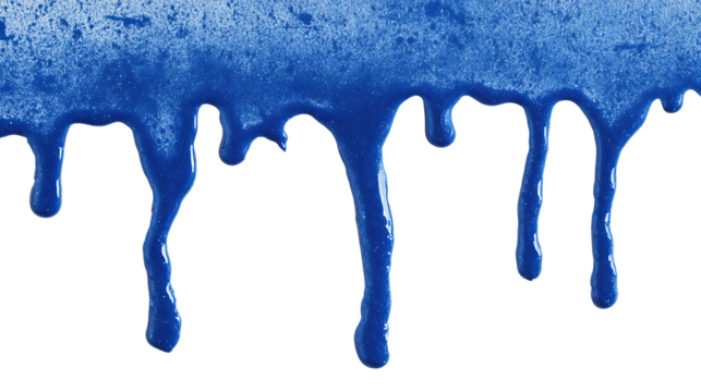 Blue paint drip splatter flowing from top, isolated on a white background