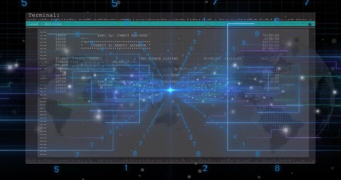 Digits converging on glowing nexus, console fading and SQL commands streaming for database commit
