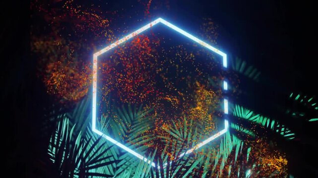 Drifting orange-red cloud hitting neon-blue hexagon, pulsing filling in palm shapes rising to frame