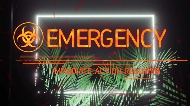 Dark screen, biohazard appearing; frame forming, fronds sliding; emergency pulsing demanding action