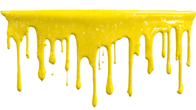 Yellow paint drip splatter flowing from top, isolated on a white background