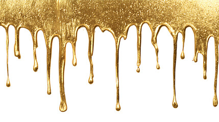 Gold metallic paint drip splatter flowing from top, isolated on a white background