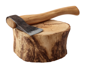 Wooden log axe lumberjack tool wood texture chopping block rustic timber natural isolated brown color rugged surface outdoor strength traditional sharp blade forestry manual equipment firewood