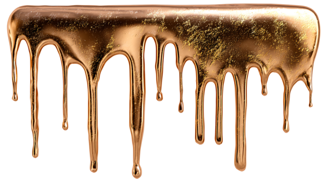 Metallic bronze paint dripping from the top, isolated on a white background