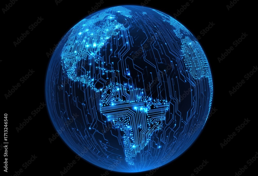Wall mural blue digital globe with circuit lines and global network connections, representing the concept of in