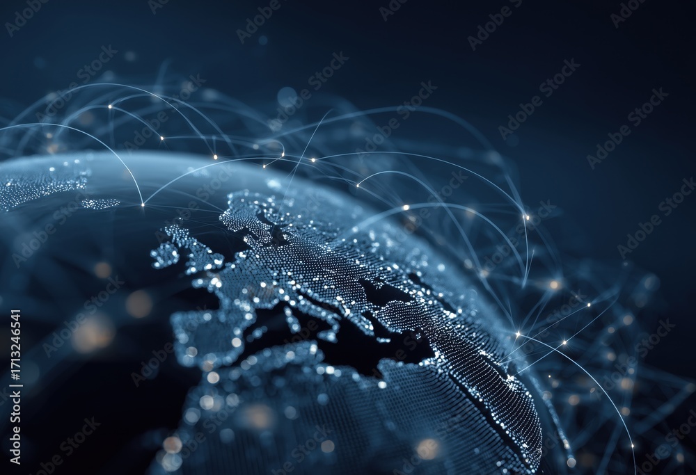 Wall mural a digital globe with glowing connections representing global connectivity and data flow, set against