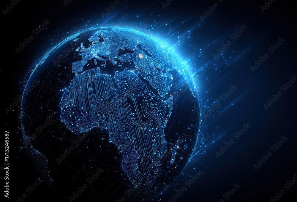 Wall mural earth with glowing blue circuit lines connecting various points across its surface, symbolizing glob