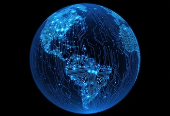 blue digital globe with circuit lines and global network connections, representing the concept of international connectivity Generative AI