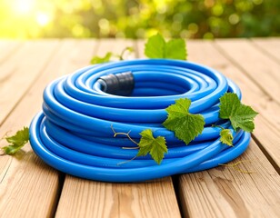 Rolled blue garden hose on wooden deck