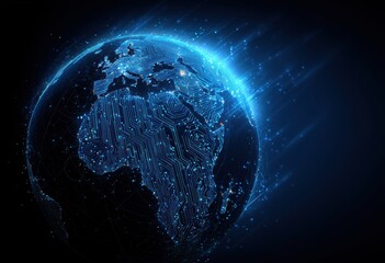 earth with glowing blue circuit lines connecting various points across its surface, symbolizing global connectivity and technology in cybersecurity Generative AI