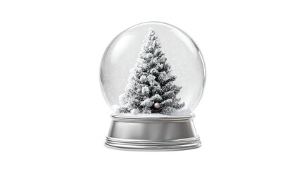 Silver snow globe with Christmas tree inside, isolated on a white background.