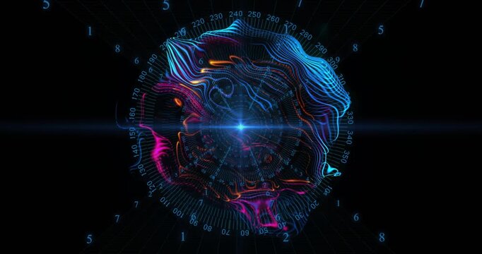 With flare appearing digital sphere pulsing and rippling while rotating dial visualizing data