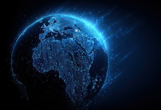earth with glowing blue circuit lines connecting various points across its surface, symbolizing global connectivity and technology in cybersecurity Generative AI - Powered by Adobe