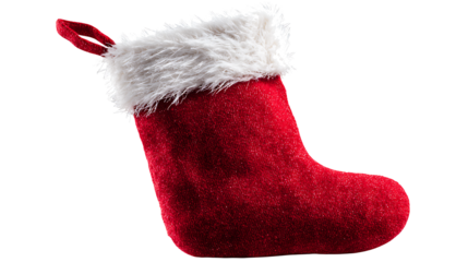 Christmas stocking red with white fluffy top, isolated on a white background.