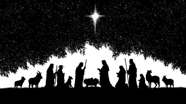 Nativity scene silhouette with star of Bethlehem, isolated on a white background