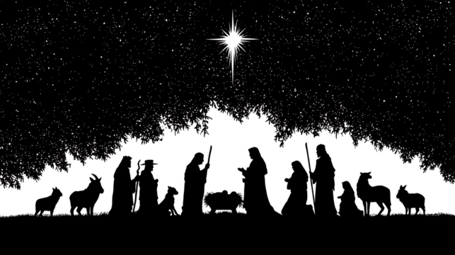 Nativity scene silhouette with star of Bethlehem, isolated on a white background