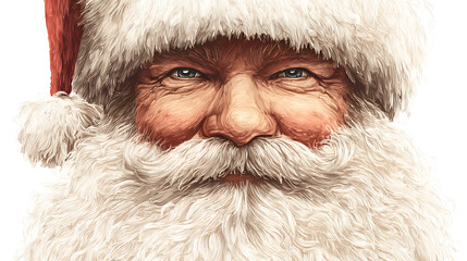 Obraz premium Santa Claus face illustration with beard and hat, isolated on a white background