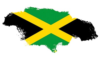 A stylized depiction of the Jamaica flag, shaped as the outline of the country's island form, featuring textured brushstrokes.