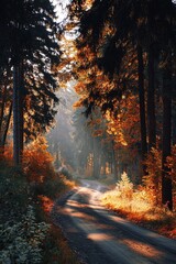 Autumn forest road at warm sunny fall morning. High quality