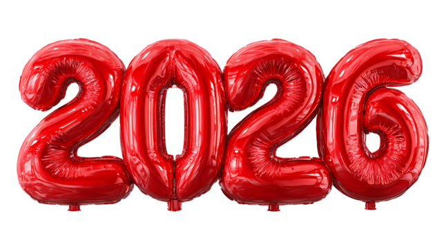 Red 2026 balloon numbers celebration, isolated on a white background