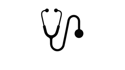 A simple black icon of a medical stethoscope isolated on a clean white background.