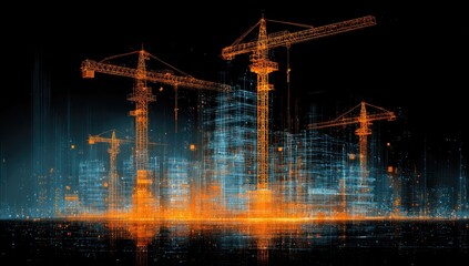 Digital cityscape with construction cranes.  Orange and teal wireframe structures of buildings and cranes on a dark background