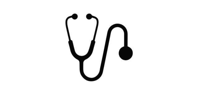 A simple black icon of a medical stethoscope isolated on a clean white background.