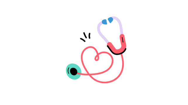 A cute cartoon illustration of a stethoscope with its tubing shaped into a heart, symbolizing health, care, and love in medicine.