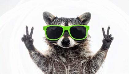 A raccoon wearing green sunglasses makes peace signs with both hands against a white background with a playful mood.