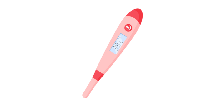A pink digital thermometer displaying a temperature of 37.5 degrees Celsius, isolated on a white background.